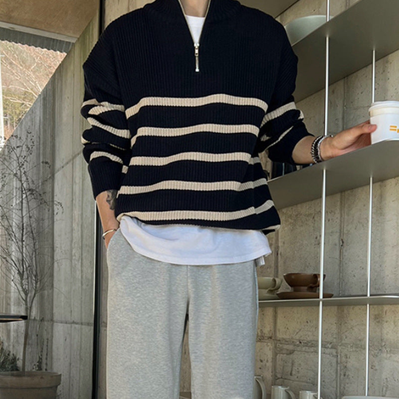 Japanese Thickened Striped Sweater Men&#039;s Autumn And Winter New Korean Style Trendy Loose Pullover Woolen Sweater Top