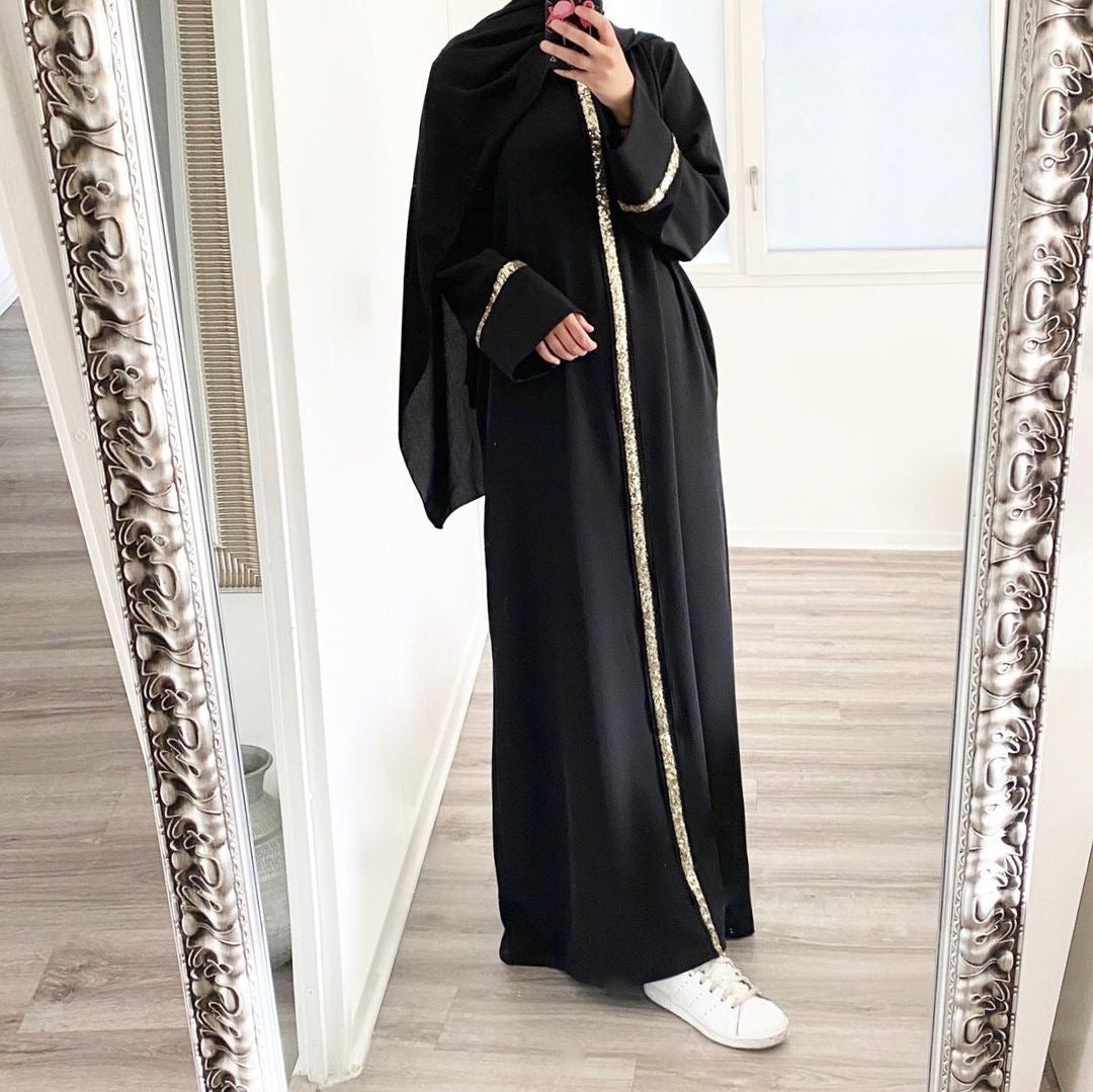 2023 Malaysian Muslim Women, Cardigan Robe Stitching Sequined Dress Muslim Abaya