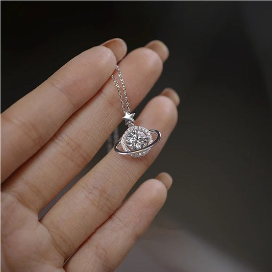925 Silver Flash Cosmic Planet Necklace Women's Elegant Fashion All-match Exquisite Design Light Luxury Ins Style Collarbone Chain