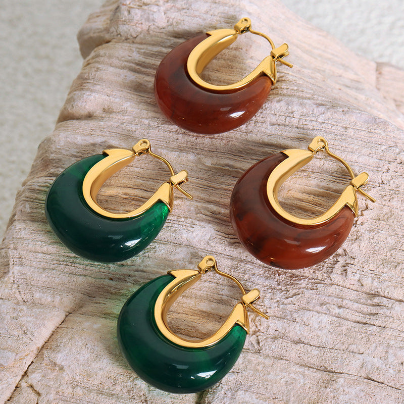 Antique Style Fashion Personality Niche Inlaid Resin Design Elegant Simple All-match Titanium Steel Gold-plated U-shaped Earrings