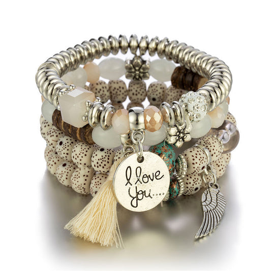Fashion Bohemian Jewelry Female Tassel Wings I LOVE YOU Charm Tassel Multi-layer Beaded Bracelet Suit