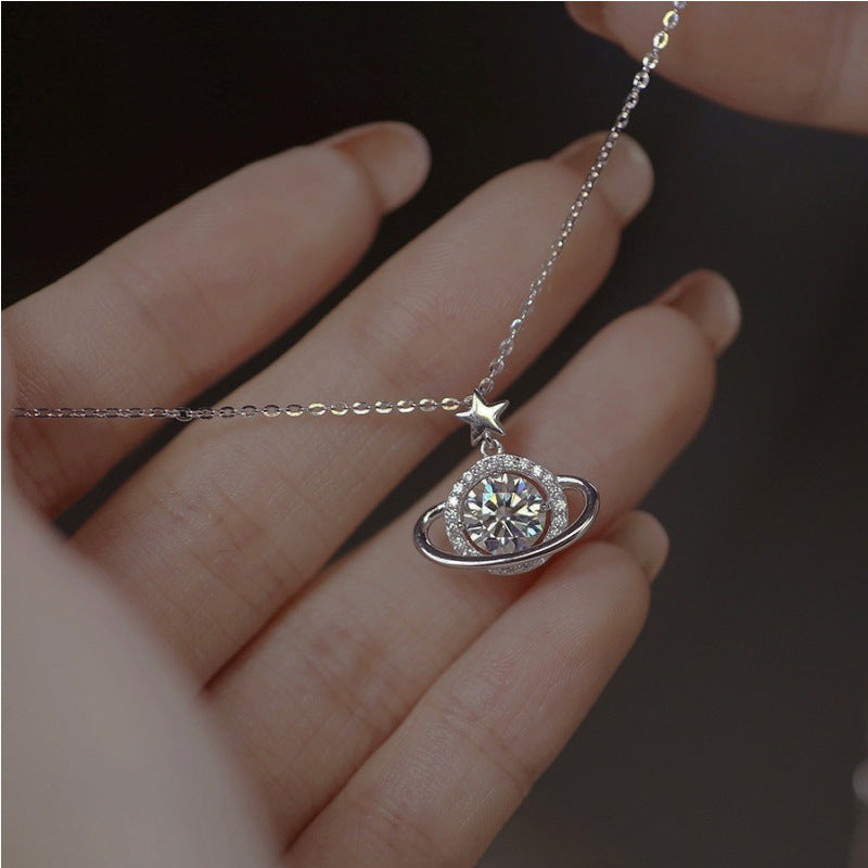 925 Silver Flash Cosmic Planet Necklace Women's Elegant Fashion All-match Exquisite Design Light Luxury Ins Style Collarbone Chain