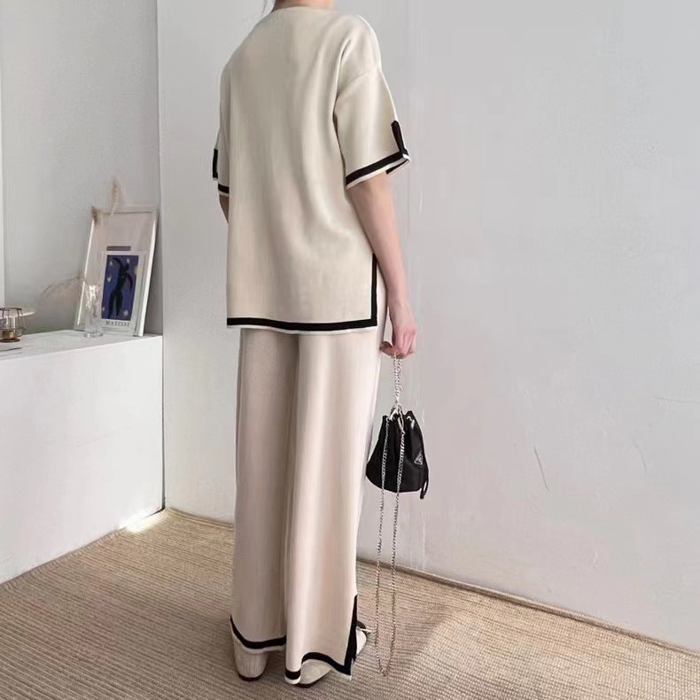New Style Fashionable Contrasting Color Slit Short-sleeved Sweater + High-waist Slimming Wide-leg Pants Two-piece Set