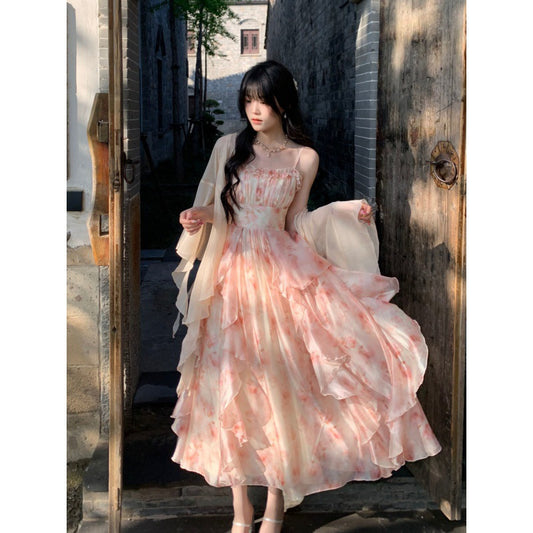 Temperament Heavy Industry Smudged Print Waist Slimming Ruffled Suspender Dress Women&#039;s Summer + Fairy Cardigan Suit