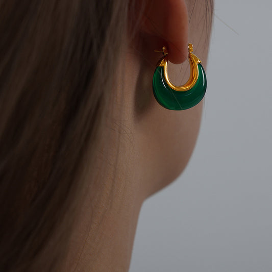 Antique Style Fashion Personality Niche Inlaid Resin Design Elegant Simple All-match Titanium Steel Gold-plated U-shaped Earrings