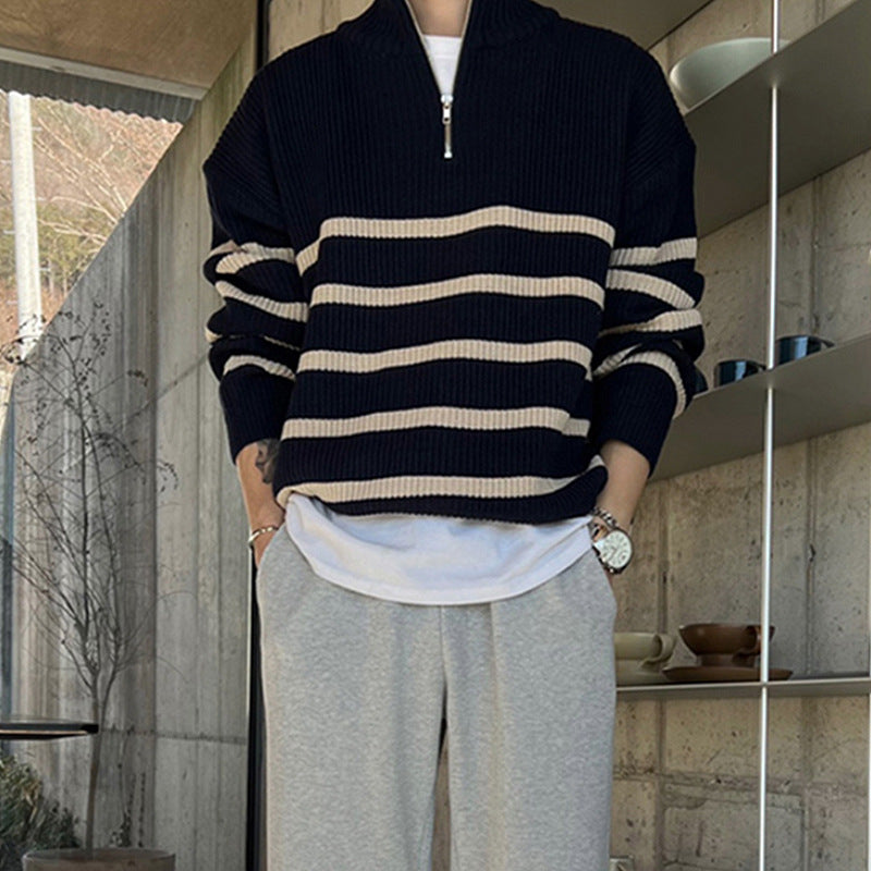 Japanese Thickened Striped Sweater Men&#039;s Autumn And Winter New Korean Style Trendy Loose Pullover Woolen Sweater Top