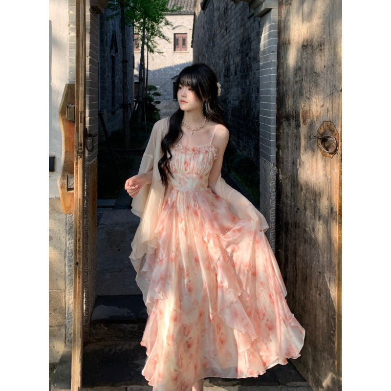 Temperament Heavy Industry Smudged Print Waist Slimming Ruffled Suspender Dress Women&#039;s Summer + Fairy Cardigan Suit