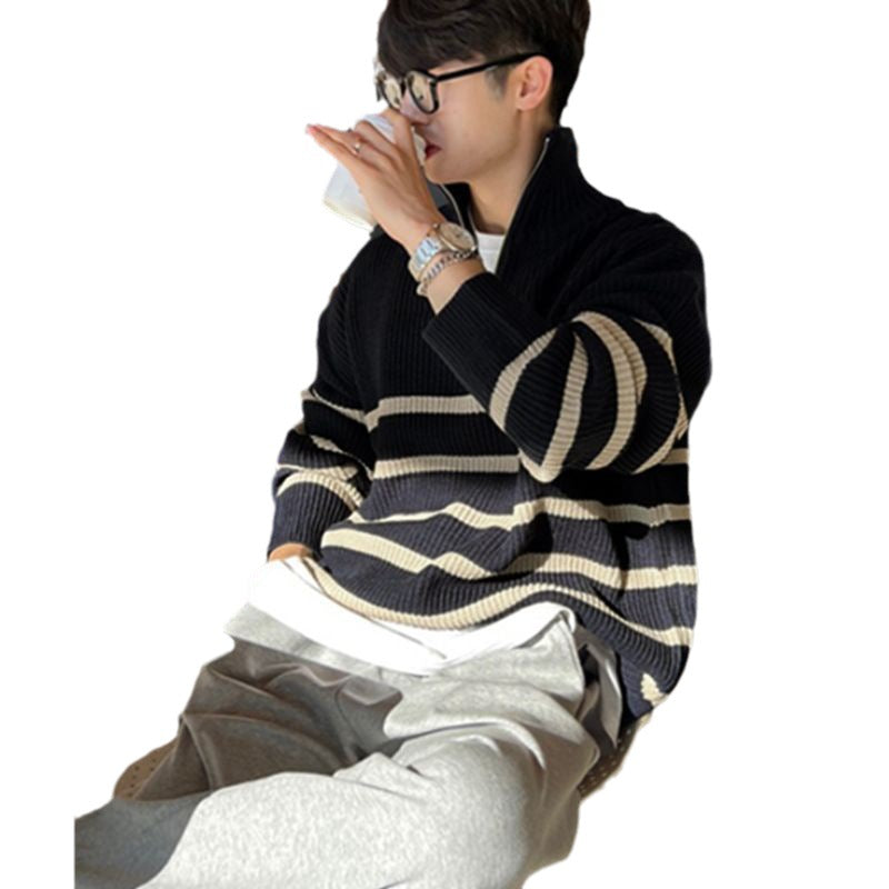 Japanese Thickened Striped Sweater Men&#039;s Autumn And Winter New Korean Style Trendy Loose Pullover Woolen Sweater Top