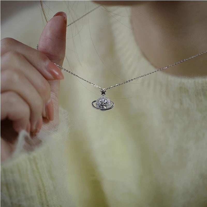 925 Silver Flash Cosmic Planet Necklace Women's Elegant Fashion All-match Exquisite Design Light Luxury Ins Style Collarbone Chain