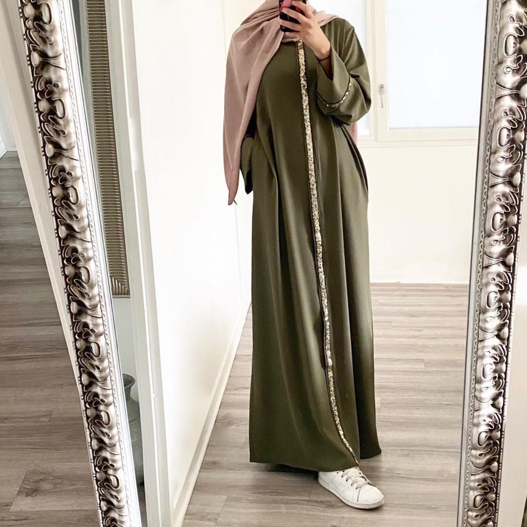 2023 Malaysian Muslim Women, Cardigan Robe Stitching Sequined Dress Muslim Abaya