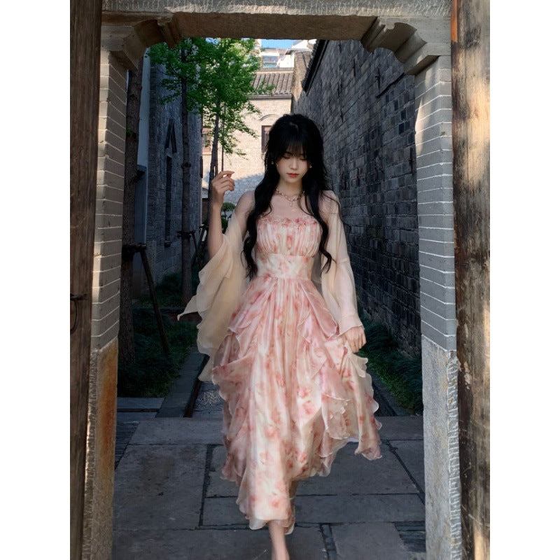 Temperament Heavy Industry Smudged Print Waist Slimming Ruffled Suspender Dress Women&#039;s Summer + Fairy Cardigan Suit
