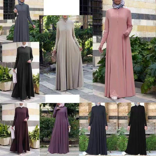Muslim Hui Women&#039;s Clothing Middle East Women&#039;s Loose Solid Color Single-breasted Pullover Long Sleeve Dress Abaya