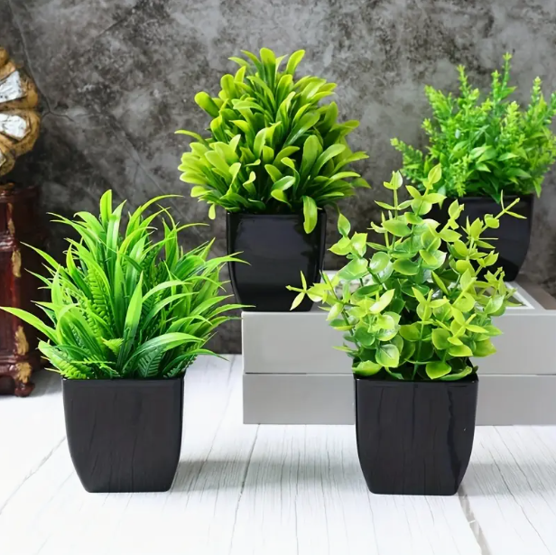 4pcs/Set, Artificial Faux Plants, Simulated Potted Realistic Green Eucalyptus, Home Office Decor