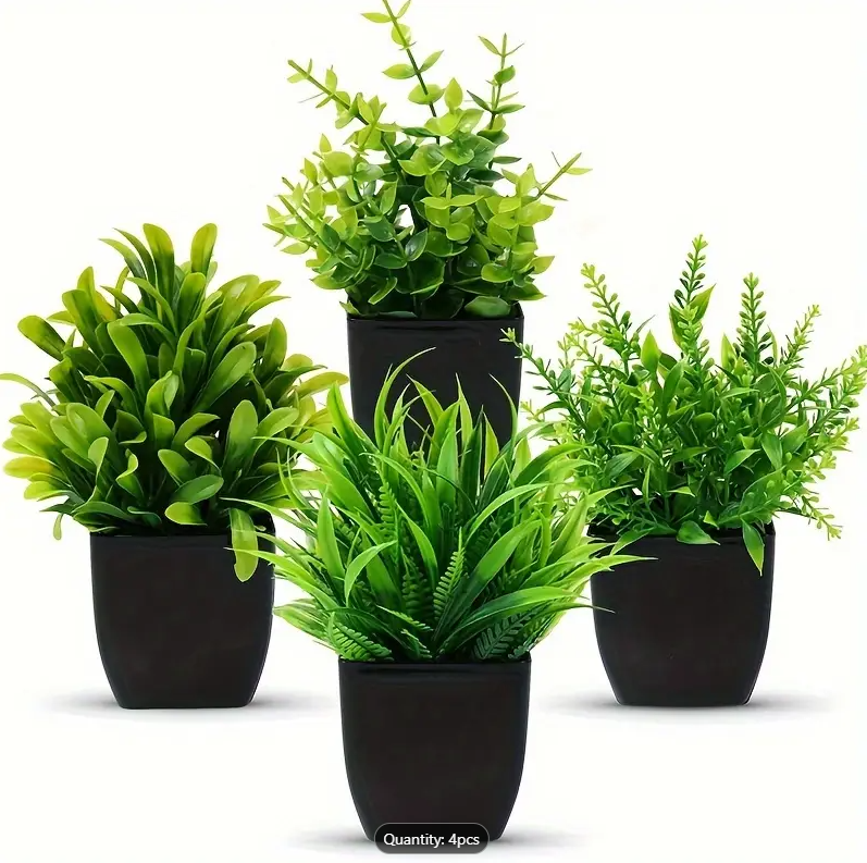 4pcs/Set, Artificial Faux Plants, Simulated Potted Realistic Green Eucalyptus, Home Office Decor