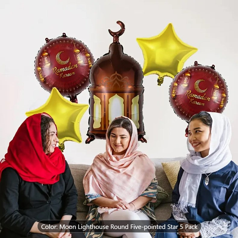 Five Aluminum Foil Balloons Shaped, Perfect for Decorating During Ramadan and Eid Celebrations.