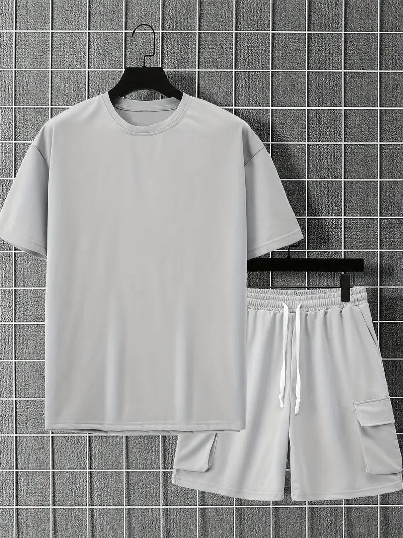 Solid Casual Loose Crew Neck Short Sleeve T-Shirt & Drawstring Shorts