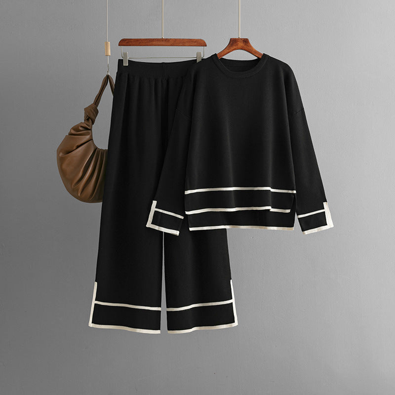 Women's Fashion Suit Contrasting Color With Slits Long-sleeved Sweater
