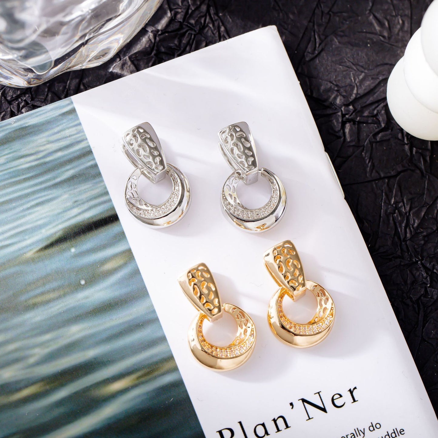Luxury Hollow Round Moon Rose Gold Silver Color Drop Earrings for Women Micro-Wax Inlay Natural Zircon Flower Bridal Wedding
