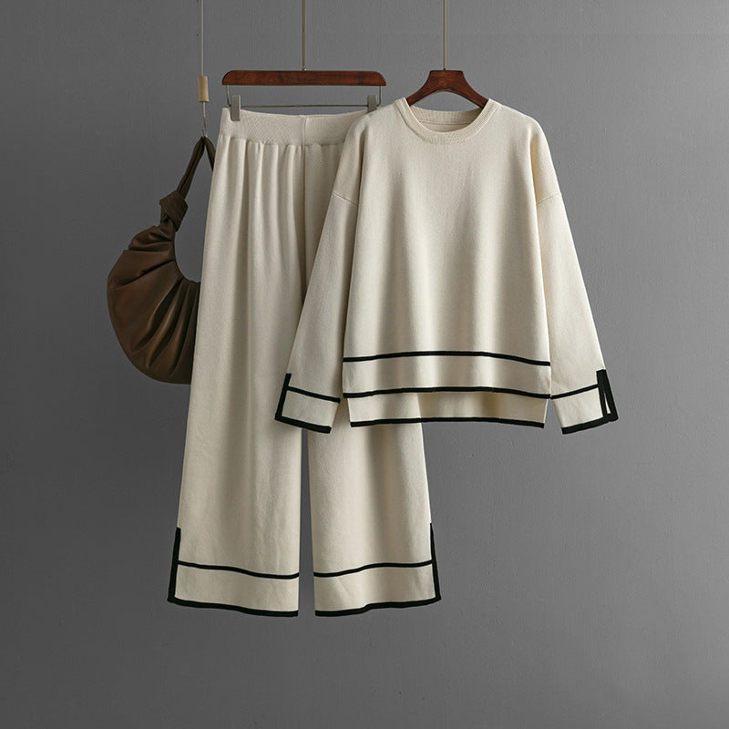 Women's Fashion Suit Contrasting Color With Slits Long-sleeved Sweater