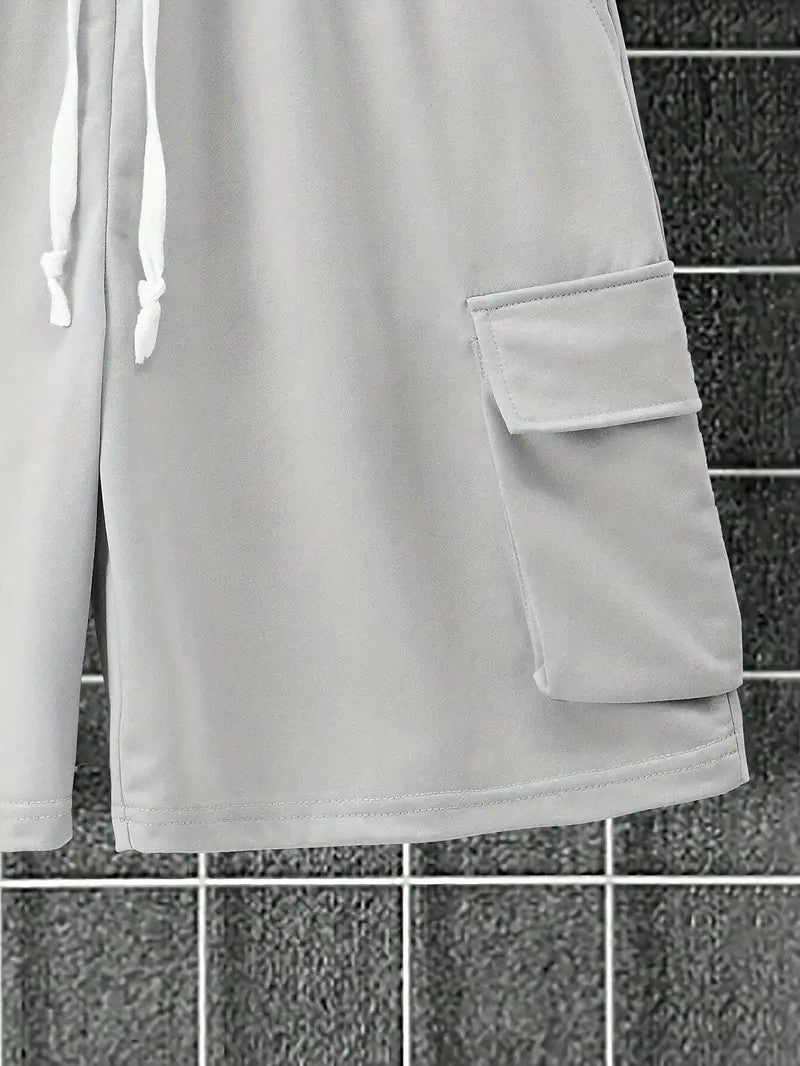 Solid Casual Loose Crew Neck Short Sleeve T-Shirt & Drawstring Shorts