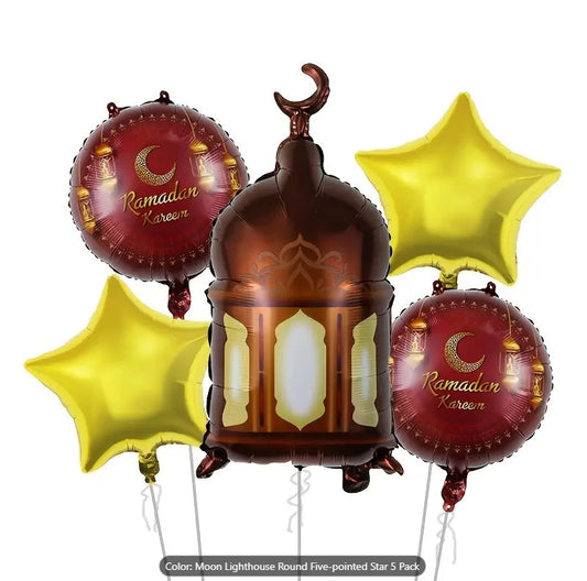 Five Aluminum Foil Balloons Shaped, Perfect for Decorating During Ramadan and Eid Celebrations.