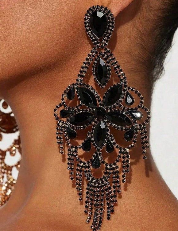 1 Pair Gold Rhinestone Tassel Drop Earrings, Personalized Street Style Floral Earrings
