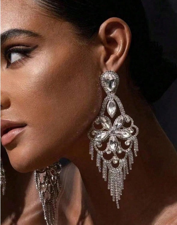 1 Pair Gold Rhinestone Tassel Drop Earrings, Personalized Street Style Floral Earrings