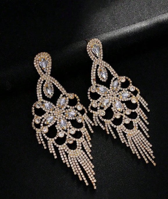 1 Pair Gold Rhinestone Tassel Drop Earrings, Personalized Street Style Floral Earrings