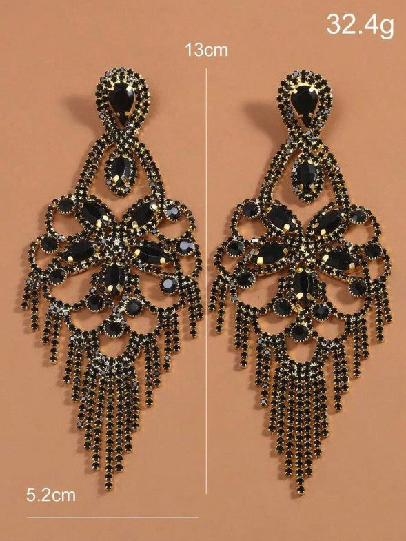 1 Pair Gold Rhinestone Tassel Drop Earrings, Personalized Street Style Floral Earrings