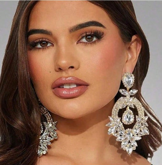 Silver Large Rhinestone Earrings Dangling Bling Oversize