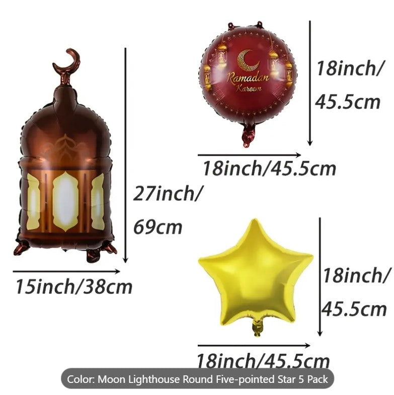 Five Aluminum Foil Balloons Shaped, Perfect for Decorating During Ramadan and Eid Celebrations.