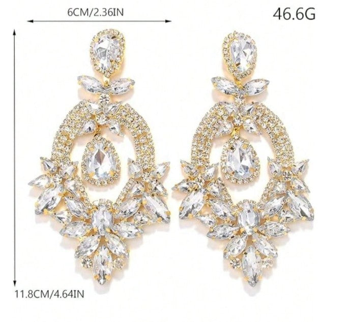 Silver Large Rhinestone Earrings Dangling Bling Oversize