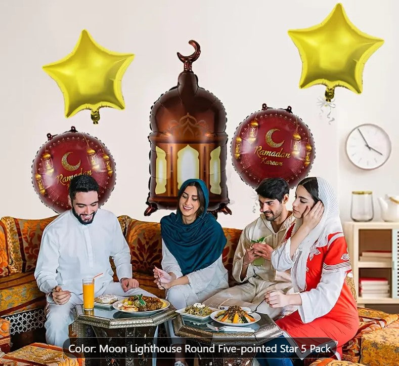 Five Aluminum Foil Balloons Shaped, Perfect for Decorating During Ramadan and Eid Celebrations.