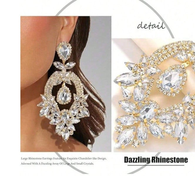 Silver Large Rhinestone Earrings Dangling Bling Oversize