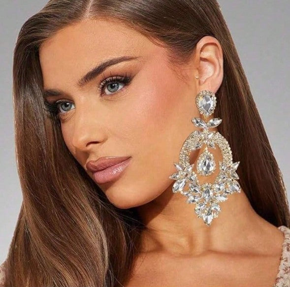 Silver Large Rhinestone Earrings Dangling Bling Oversize