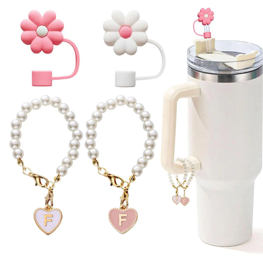 LUHOHI 4pcs Charms for Stanley Cup, Pearl Chain, Initial Letter Charms for Handle with 2pcs straw covers Stuff Decor